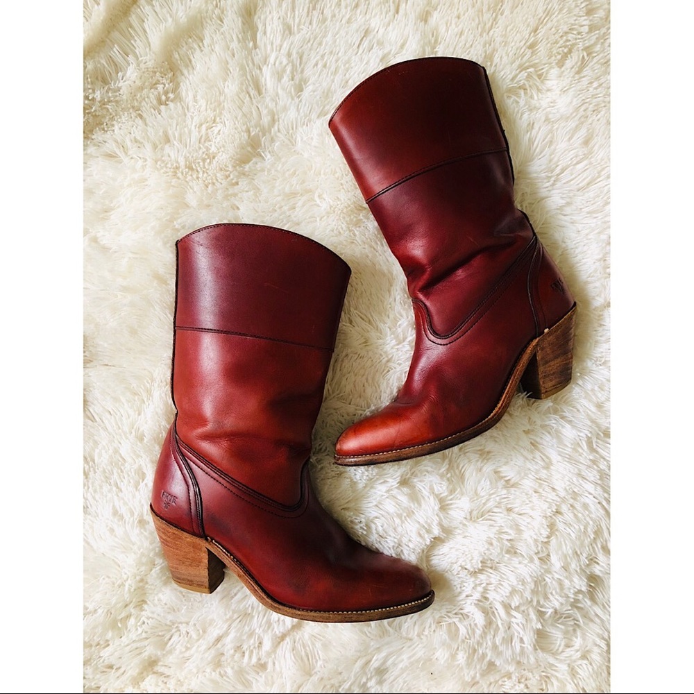 Vintage Frye: Burgundy Red Leather Stacked boots